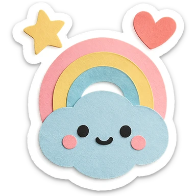adorable pastel tiny rainbow, floating star and heart, no arms or legs, transparent background, full body, kawaii paper craft style sticker