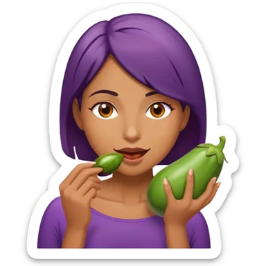 Woman eating an eggplant sticker