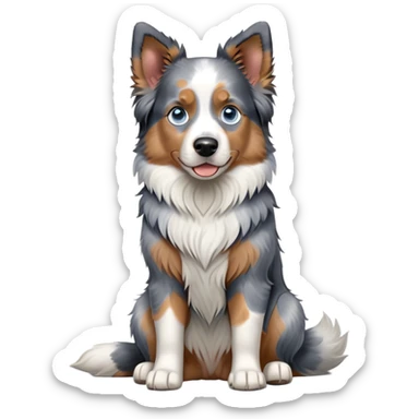cinematic-[australian shepherd dog]-realistic-full-body-sitting-emoji,-tail-resting-loosely-beside-its-paws,-head-tilted-dramatically,-scruffy-[blue merle]-fur,-simplified-yet-realistic-focused-features,-highly-detailed,-glowing-with-an-almost-sarcastic-glow blue eyed sticker