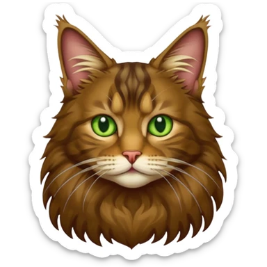 je veux un emoji chat main coon marron foncé  à poil long avec les yeux vert jaunes, en entier assis stp  sticker