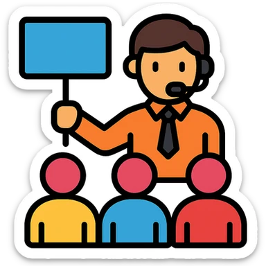 color outline icon of a travel guide with a microphone guiding a group of travelers sticker