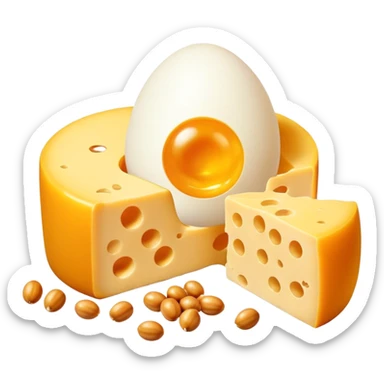 Ethereal glowing vitamin K2 symbol surrounded by aged cheese, golden egg yolk, and natto. A single bone floats nearby with a golden dot where calcium is being properly deposited, showing how K2 guides calcium to strengthen bones. sticker