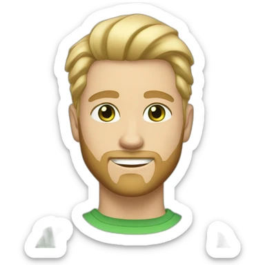 The young man is blond with slicked back hair and beard, green eyes, dressed in natural colors, light skin tone sticker