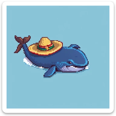 A blue whale with a colorful sombrero hat on its head, swimming in water sticker