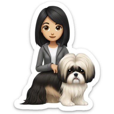 long black hair korean girl with beige and black shih tzu yorkie sticker