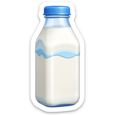 A 3D cartoon bottle of milk with white liquid, blue cap, clean reflections, Memoji-style. sticker