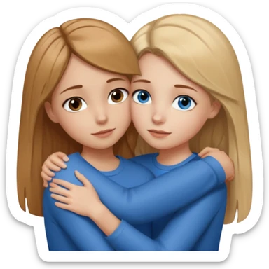 Two girls are hugging. One has dirty blonde hair with a little reddish in it. She has also blue eyes. Her hair is long and straight. The other girl has dark brown hair with hazel eyes sticker