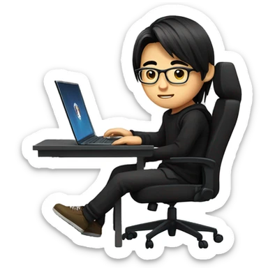 asian boy with glasses, long straight hair, wearing black clothes , working on his laptop seating on a gaming chair sticker
