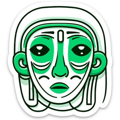 Maya hieroglyphic facial expressions: happy, sad, surprised. Only dark green lines on white background, strict minimalist geometric style sticker