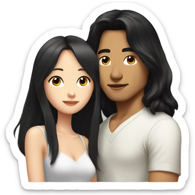Asian man with long black hair kissing white girl with brunette shoulder length hair  sticker