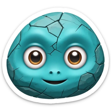 One small turquoise rock creature, rounded but still clearly a rock with cracks and facets, subtle shine, big expressive eyes and a shy smile, sticker
