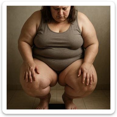 overweight woman weighing herself on scale, stubborn fat on legs and thighs, hyper realistic 4K style, skin details, self-analysis atmosphere sticker