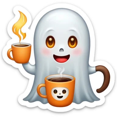 
a cute ghost holding a mug of hot coffee
 cartoon -style/cute and transparent for a sticker 
 sticker