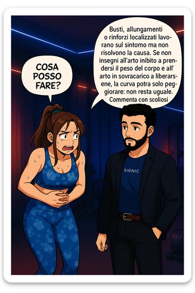 ispirati a questo stile di disegno e fai questa immagine in versione manga/webtoon a colori, il manga mostra la donna preoccupata che chiede: "COSA POSSO FARE?" E L'UOMO CHE RISPONDE: Busti, allungamenti o rinforzi localizzati lavorano sul sintomo ma non risolvono la causa. Se non insegni all’arto inibito a prendersi il peso del corpo e all’arto in sovraccarico a liberarsene, la curva potrà solo peggiorare; non resta uguale. Commenta con scoliosi e ti mando un esempio del lavoro da fare per recuperare simmetria ed eliminare il dolore. sticker