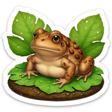 A brown toad sitting on wet ground near a pond, rough bumpy skin, natural light, green leaves around, realistic wildlife photo. sticker
