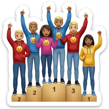 multi-racial men and women standing on a winners’ podium with the middle podium position elevated, each person casually dressed in fun clothing like jeans and hoodies, excited, fun, expressive emoji style sticker