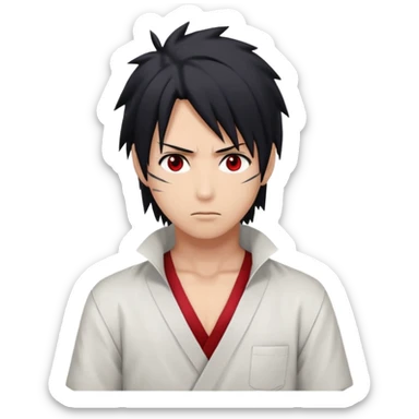 Sasuke Uchiha. White low cut shirt, dark hair, Sasuke hair, red eyes sticker
