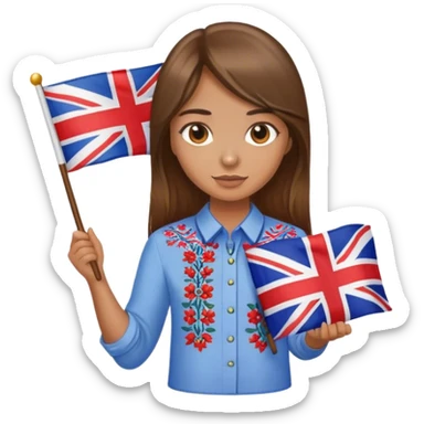A Ukrainian girl with brown hair wearing an embroidered shirt holds a British flag sticker