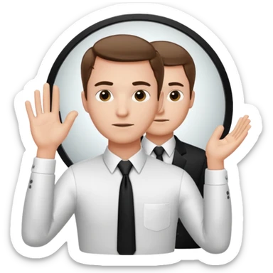 A man wearing a white dress shirt and black tie looking into a mirror holding up his hand. We should be seeing the back of the man and his reflection in the mirror. sticker