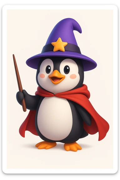 A penguin wizard with a pointy hat and a magic wand and a red cape sticker