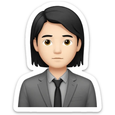asian young man with long black hair middle part haircut in grey blazer and black t-shirt  sticker