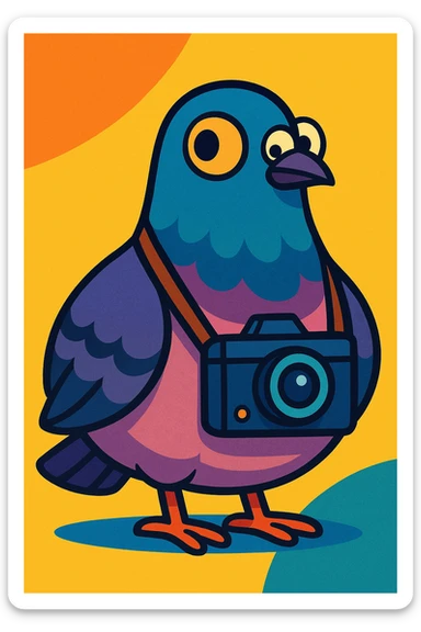 a chubby pigeon with a camera strapped to its chest, glancing side to side, vibrant toon style sticker