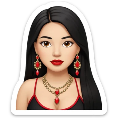 Mexican Light skin brown eyes glamorous full figured women black long straight hair red lips necklace and earrings long lashes sticker