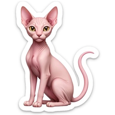 cinematic-[sphynx cat]-realistic-full-body-sitting-emoji,-tail-curled-playfully-around-its-paws,-head-tilted-dramatically,-sleek-[pink]-skin,-simplified-yet-realistic-focused-features,-highly-detailed,-glowing-with-an-almost-sarcastic-glow sticker
