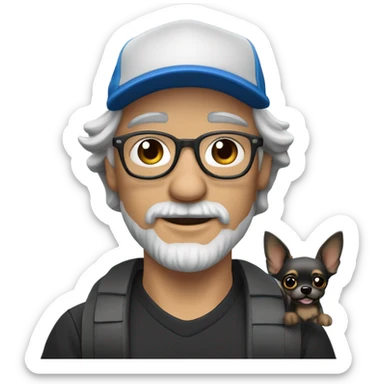 Handsome man wearing ball cap with gray goatee and gray hair and blue eyes holding all black long haired chihuahua sticker