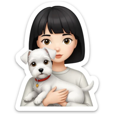 Girl with short black hair and bangs holding a white schnauzer dog sticker