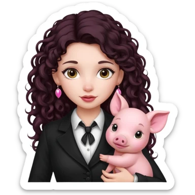 Ragazza bellissima sexy vestita bene capelli lunghi scuri con un piccolo maialino sticker