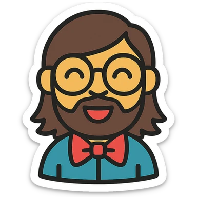 Add long hair and a beard to the nerd with big round glasses and bow tie, keeping the original style and transparent background. sticker