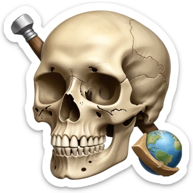 An icon featuring a human skull and fossilized bones, symbolizing the study of anthropology. The design includes archaeological tools like a pickaxe and brush, with a background of ancient artifacts and a globe. Transparent background emphasizes the exploration of human history and evolution. sticker