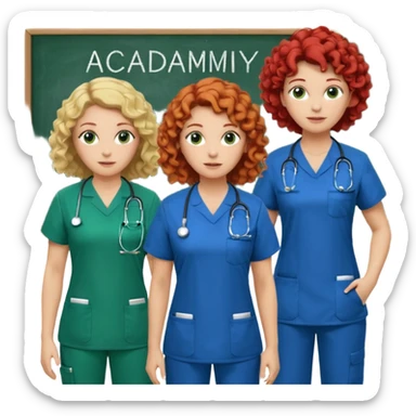 3 nurses: nurse 1 is wearing green work clothes, curly hair, middle european. nurse 2 is wearing blue work clothes, blond hair, scandinavic, nurse 3 is wearing white work clothes, red hair. they all stand in a classroom, "Academy" written in white on board sticker