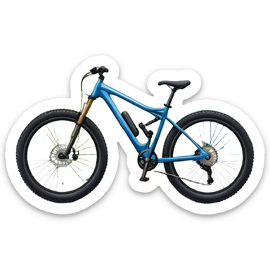 An icon featuring a mountain bike parked at the summit of a mountain, overlooking a vast mountain range and winding trail below. The backdrop includes rugged peaks, rolling hills, and a clear blue sky, with the sun casting warm light on the scene. Transparent background emphasizes the adventure. sticker