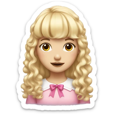 Blonde, pale girl with bangs and curly, long hair with pink bows  sticker