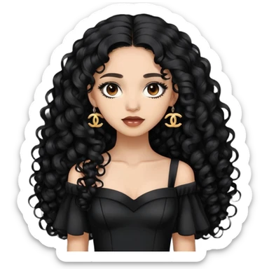 light skin girl with very long black curly hair, brown eyes, wearing a black Chanel dress sticker