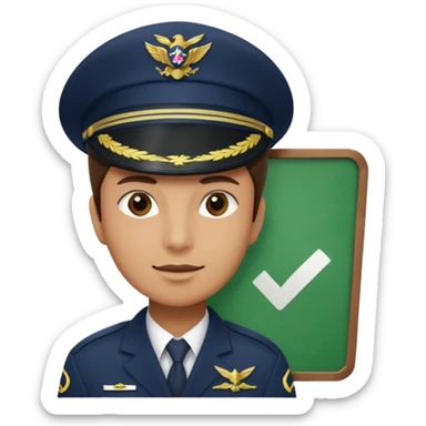 Slack-style emoji of a pilot wearing a slightly tilted navy captain hat holding a green board with a white check mark sticker