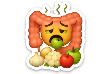 EMOJI STILE IPHONE DI UN INTESTINO UMANO IN CRISI PERCHé STA MALE, IN BOCCA HA UNA MELA E DAVANTI A LUI C'è UNA MONTAGNA DI aglio, cipolle, cavolfiore e mele sticker