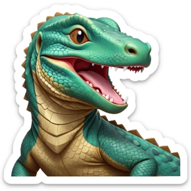 Cinematic Cute Yawning Komodo Dragon Lizard Portrait Emoji, Head slightly angled in a dramatic, wide-open yawn, showcasing rugged, textured scales and sleepy, half-closed eyes, Simplified yet irresistibly adorable features, highly detailed, glowing with a soft, cozy glow, high shine, relaxed yet expressive, stylized with a hint of whimsical wildness, soft glowing outline, capturing the essence of a drowsy yet endearing reptile that appears ready to stretch out for a nap! sticker