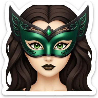 Greeneyed Woman with Long Dark brown hair wearing Black venetian mask sticker