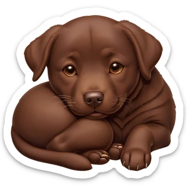 Meme-Worthy Cute Sleeping Chocolate Labrador Portrait Emoji, Head resting peacefully with a contented smile, showcasing a delightfully robust build and a luxuriously soft chocolate Fur, eyes shut in a serene nap, Simplified yet hilariously adorable features, highly detailed, glowing with a soft, drowsy light, high shine, relaxed and utterly lovable, stylized with an air of playful laziness, bright and heartwarming, soft glowing outline, capturing the essence of a comically sleepy companion, so meme-worthy it feels like it could instantly become the next viral sensation of adorable slumber! sticker