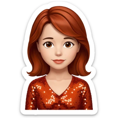 Linda Cardellini with reddish brown hair, red-orange sequin outfit sticker