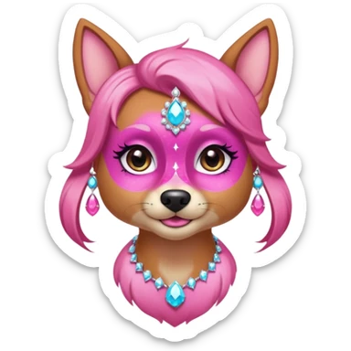glamorous dog portrait, head and shoulders only, exaggerated pink makeup, bright eyeshadow, long eyelashes, shiny blush cheeks, sparkling face gems, glitter accents, elegant earrings, fantasy beauty style, cute 3D cartoon, mobile game icon style, clean background, no text, no watermark
 sticker