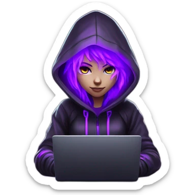 Girl developer behind his laptop with this style : Crytek Crysis Video game neon glowing bright purple character purlple black hooded hacker themed character sticker