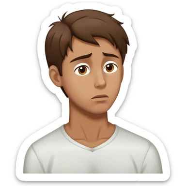 a man with brown hair staying in a
full height in profile with anxiety and begging face with a broken heart sticker