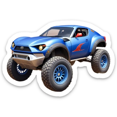 Satan’s evil night blue Dirty and dented Local Motors Rally Fighter off road race car hot rod meets Toyota 86 trophy truck-style basher flying on a dusty road (silver wheels) sticker