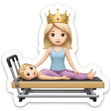 Cute sticker emoji of a “Pilates Princess” doing Pilates on a reformer machine. She is wearing beige activewear with a tiny crown. Soft kawaii style, round shapes, happy face. White outline, vector, transparent background. sticker
