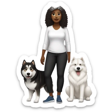 a white woman. is wearing black loose trousers and a white shirt. She is a cute, curvy woman with brown curls at shoulder length.    next to her is an Alaskan malamute dog. the dog is black with a white spot on his face. sticker
