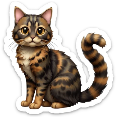 cinematic-[tortoiseshell tabby cat]-realistic-full-body-sitting-emoji,-tail-curled-playfully-around-its-paws,-head-tilted-dramatically,-scruffy-[dark black tortoiseshell coloured]-fur,-simplified-yet-realistic-focused-features,-highly-detailed,-glowing-with-an-almost-sarcastic-glow sticker